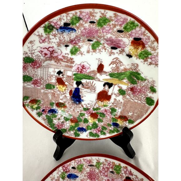 Japanese Antique China Two 7 In. Plates Geisha Floral Structures 1921-1941 - Picture 4 of 9